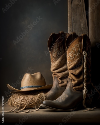 Cowboy boot next to a cowboy hat, generative ai photo
