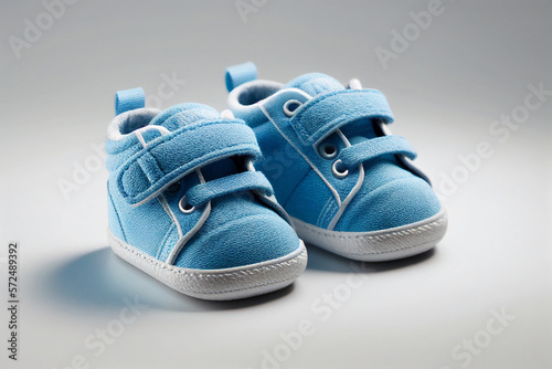 A pair of blue baby boy sneakers on white background. Generative AI