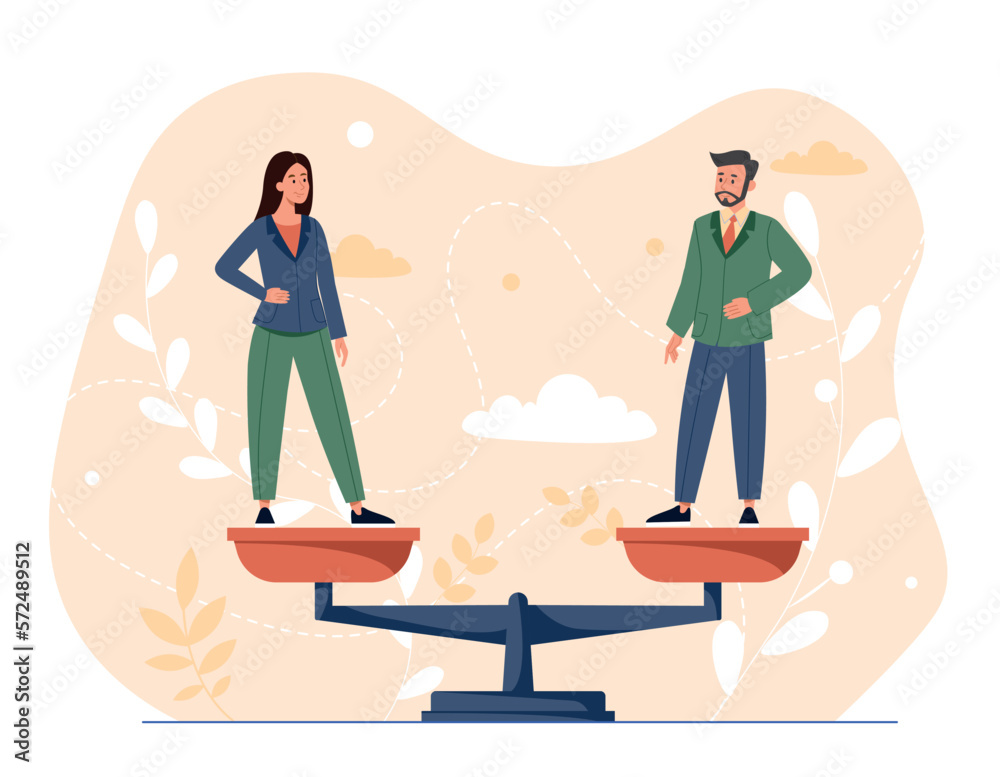 Gender equality concept. Man and woman stand on scales. Equality, respect and tolerance. Equal career opportunities for both genders, justice. Without discrimination. Cartoon flat vector illustration