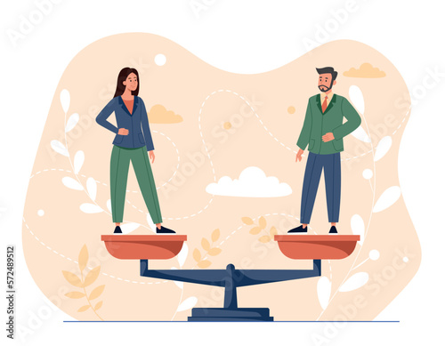 Gender equality concept. Man and woman stand on scales. Equality, respect and tolerance. Equal career opportunities for both genders, justice. Without discrimination. Cartoon flat vector illustration photo