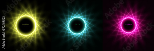 Set of glowing neon green, pink and yellow lighting effect on black background technology concept.