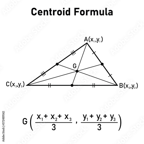 Centroid formula of a triangle. The intersection of the three medians. Vector illustration isolated on white background. photo