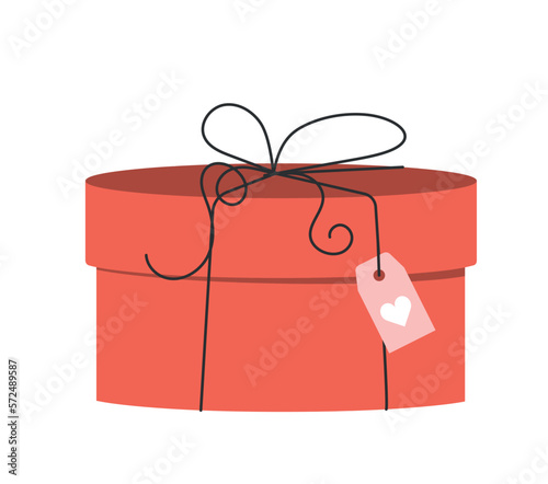 Gift box concept. Present or surprise in red wrapping paper. Discounts and promotions, shopping, box with price tag in store or supermarket. Cartoon flat vector illustration