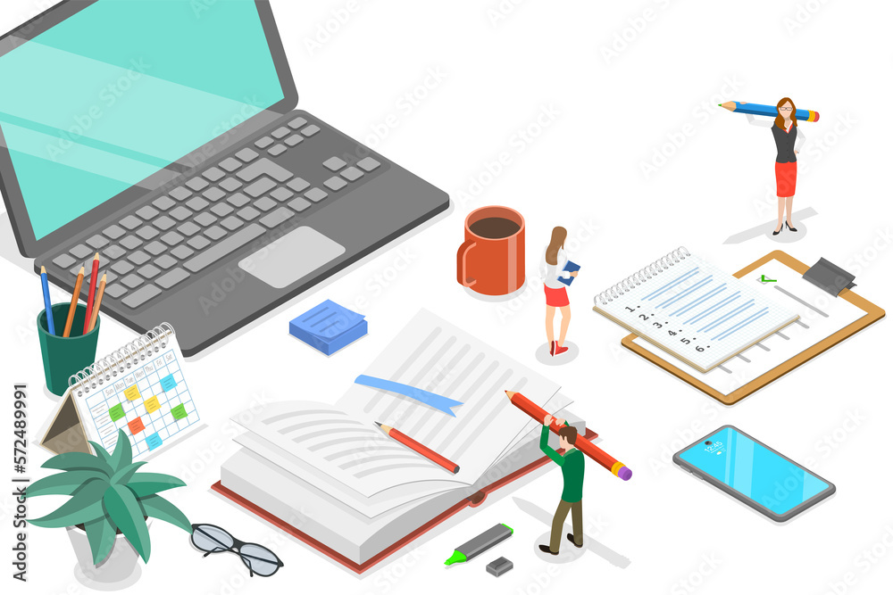 3D Isometric Flat  Conceptual Illustration of Notebook Writing
