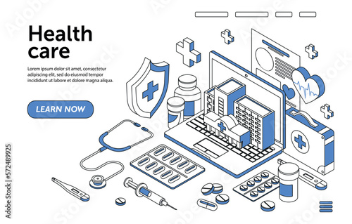 Health care linear isometry. Diagnosis and treatment, shield with cross and medicines, online consultation with doctor, landing page design. Pills and syringe. Cartoon 3D vector illustration