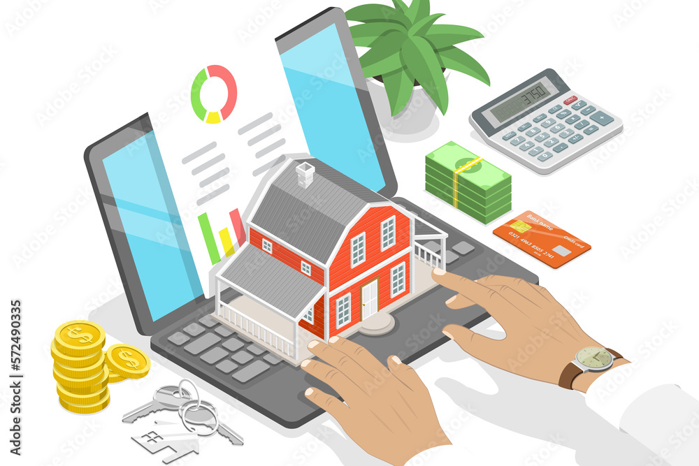 3D Isometric Flat Conceptual Illustration of House Mortgage Calculator 3D Isometric Flat Conceptual Illustration of House Mortgage Calculator