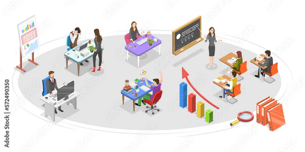 3D Isometric Flat  Conceptual Illustration of Team Collaboration In Office