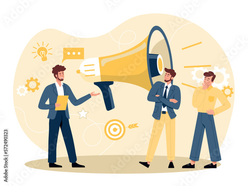 Speech of senior colleague. Man makes presentation  boss gives instructions to subordinates. Teamwork and partnership  business processes and meeting concept. Cartoon flat vector illustration