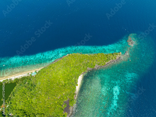 Aerial view of tropical island with beach and coral reef. Apo Island. Negros, Philippines.