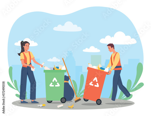 Street cleaning concept. Man and woman sorting garbage. Caring for environment and reducing emission of harmful waste into atmosphere. Eco activists and volunteers. Cartoon flat vector illustration