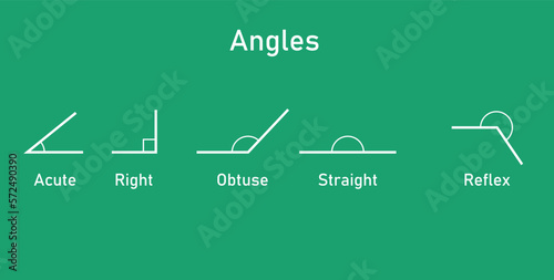 Types of angles. Acute, right, obtuse, straight and reflex angles. Vector illustration isolated on chalkboard.