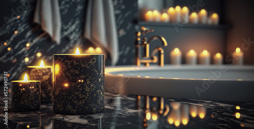 Black stone bath in modern bathroom with candles. Romantic Atmosphere  Burning Scented Candles. digital ai art