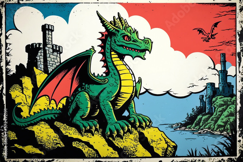 Dragon sitting on top of a hill with castle in the background. Retro style painting. Generative AI art