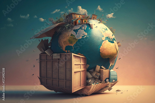 Fototapeta Naklejka Na Ścianę i Meble -  Conceptual image of the world in a garbage can. The planet earth destroyed and thrown into a waste container. broken world. recyclable world. Destruction concept. Generative ai. Isolated.