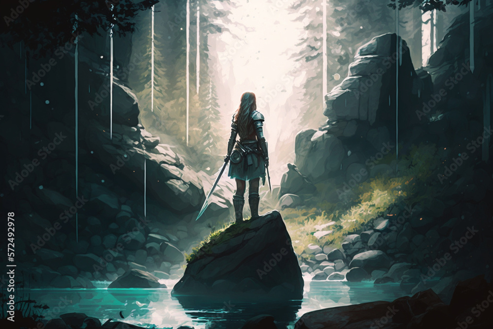 Woman with her sword looking at the mysterious floating stones in the forest digital art style illustration painting, Generative AI	