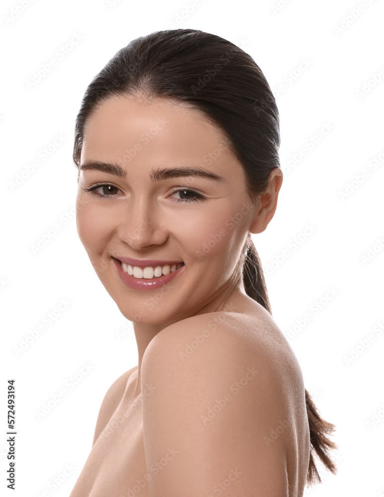 Portrait of attractive young woman with smooth skin on white background Portrait of attractive young woman with smooth skin on white background