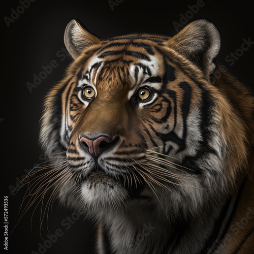 Portrait of a male lion with dark mane, closeup. Generative AI