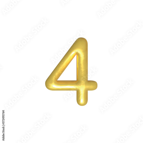 4 four number gold isolated. Gold yellow metallic numbers. Foil symbol. Bright metallic 3D, realistic vector illustration 