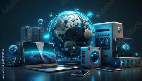 Fototapeta Naklejka Na Ścianę i Meble -  Tech modern devices and connected to digital planet earth with Generative AI Technology.