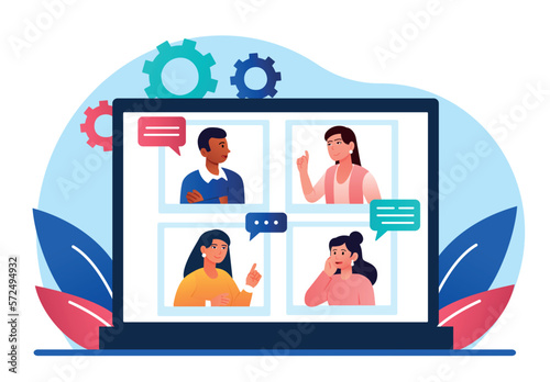 Online meeting concept. Video call or conference. Men and women communicate on screen of smartphone. Remote employees and friends. Home office, remote working. Cartoon flat vector illustration