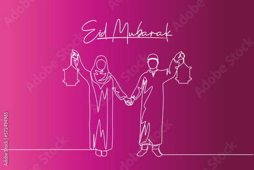 Eid Mubarak poster, banner and greeting card design Single continuous line drawing of young Islamic muslim muslimah couple holding hands and lantern lamp. Eid Al Fitr one line draw vector illustration