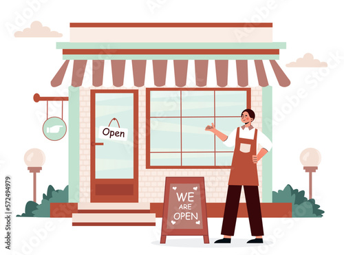 Open business concept. Man at cafe or restaurant with sign, new building or shop. Outdoor advertising and marketing. Launch event celebration, grand opening. Cartoon flat vector illustration