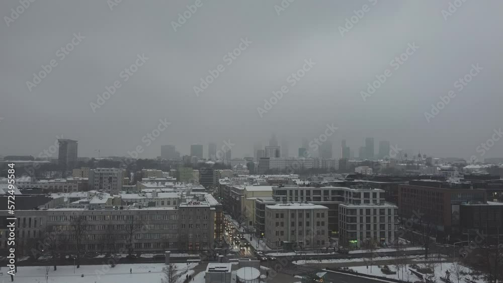 Drone video of warsaw city skyline on a snowy and foggy day9 Drone video of warsaw city skyline on a snowy and foggy day9