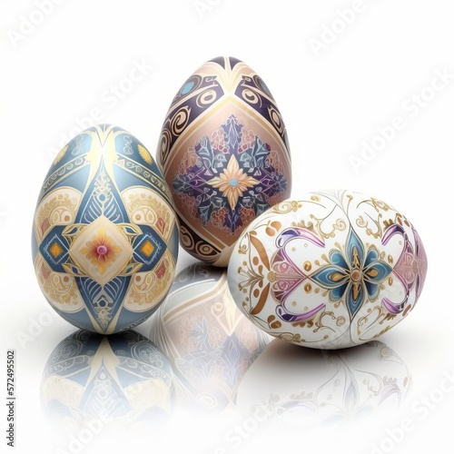 Illustration of Three Colorful Painted, Dyed, Decorated Eggs Suitable for Easter, Ukraine, Croatia, Pysanky, Isolated on White, Made in Part with Generative AI 