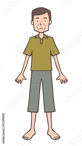 裸足の痩せている中年男性、おじさん