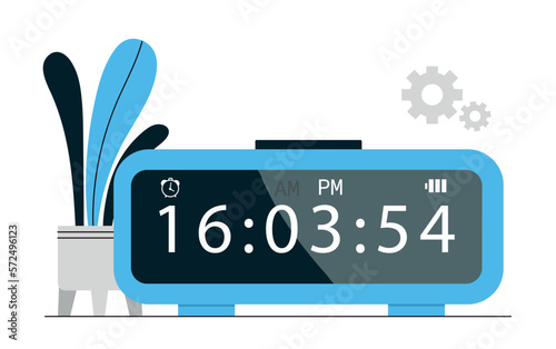 Electronic watch concept. Digital desk clock on bedside table shows time, 16 hours on display. Element of interior in bedroom or office. Cartoon flat vector illustration