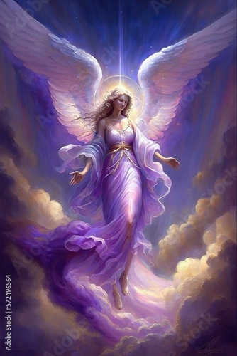 Angel of the Violet Flame, AI Generated Angel surrounded by Purple Light in the Clouds