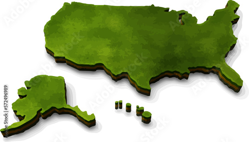 3D map of United State of America (USA) with simple green land and brown soil.