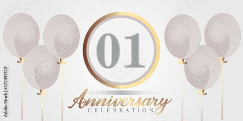 Vector 01st year anniversary celebration background. gray and gold color numbers and text with balloons.