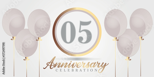 Vector 05th year anniversary celebration background. gray and gold color numbers and text with balloons.