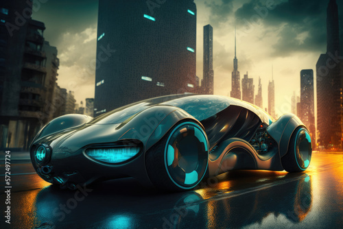 Autonomous  car on the road, Future transportation concept electric vehicle futuristic, traffic in the city urban public, generative ai © Anna Elizabeth