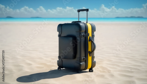 A beachside scene with a lone black suitcase
