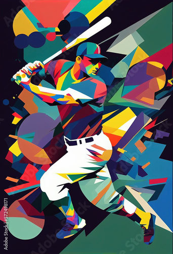 Abstract representation of a baseball player with a bat on multi-color geometric background