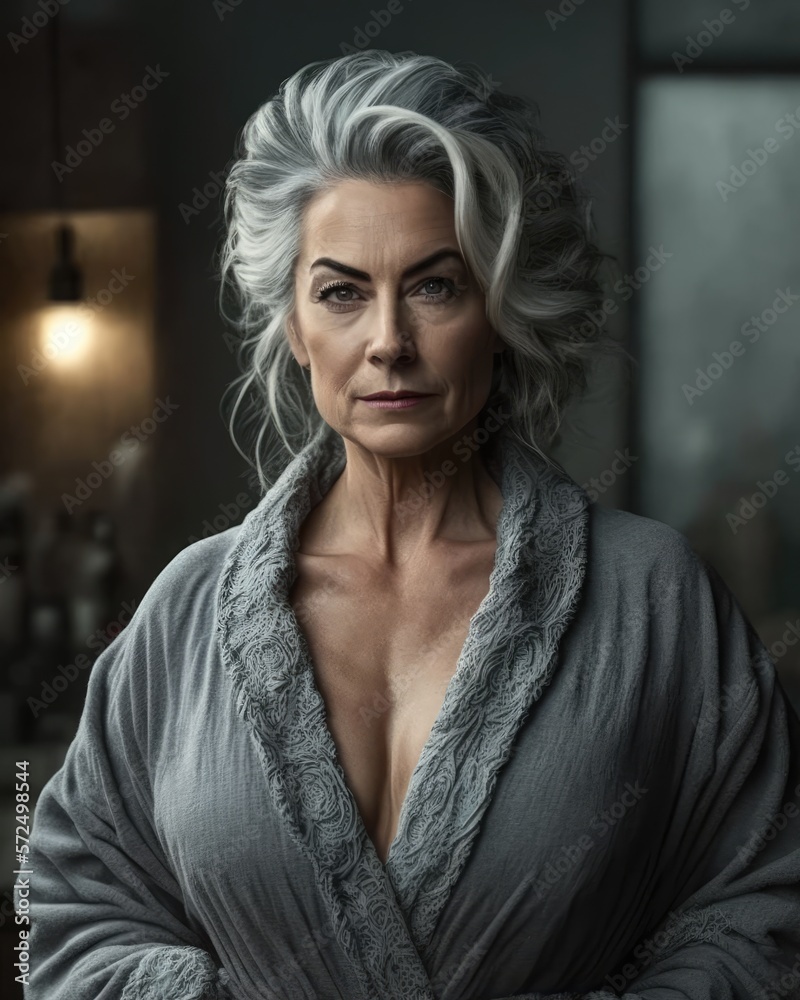 Very sexy mature woman in lingerie robe looking at the camera. Generative  AI Stock Illustration | Adobe Stock