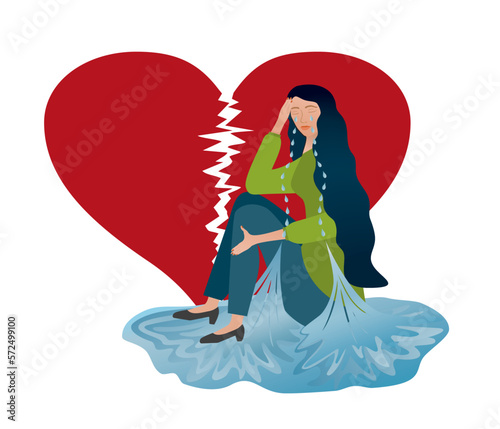 Woman crying with tears falling down and makes a puddle of water. Broken heart in background. Isolated on white. Vector illustration.