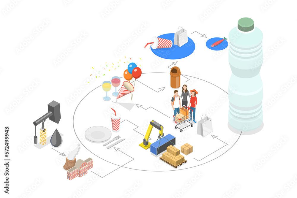 3D Isometric Flat Conceptual Illustration of Plastic Disposal 3D Isometric Flat Conceptual Illustration of Plastic Disposal