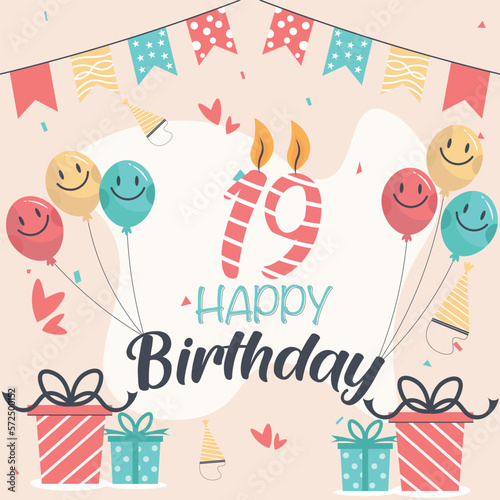 Vector 19th happy birthday vector design for greeting cards and poster with balloon and gift box design.