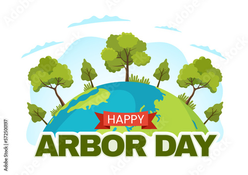 Happy Arbor Day on April 28 Illustration with Green Tree, Garden Tools and Nature Environment in Flat Cartoon Hand Drawn for Landing Page Templates
