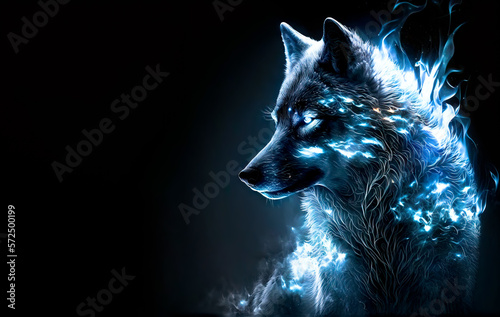Fototapeta Wolf in the night, A drawing of a wolf highlighted with ice blue bright flames on black background