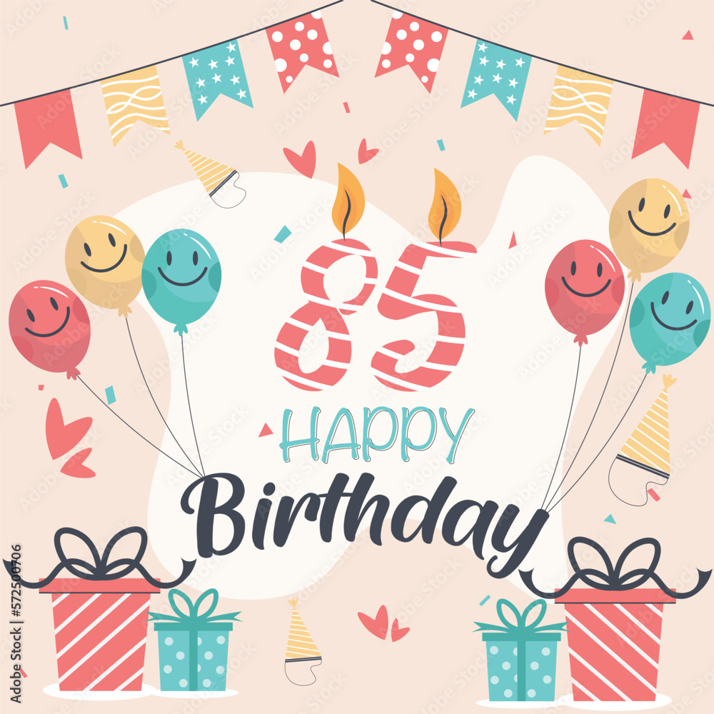 Vector 85th happy birthday vector design for greeting cards and poster with balloon and gift box design.