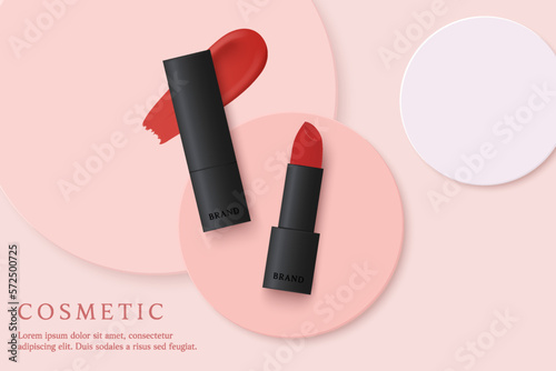 Cosmetics product ads template on pink background with lipsticks.