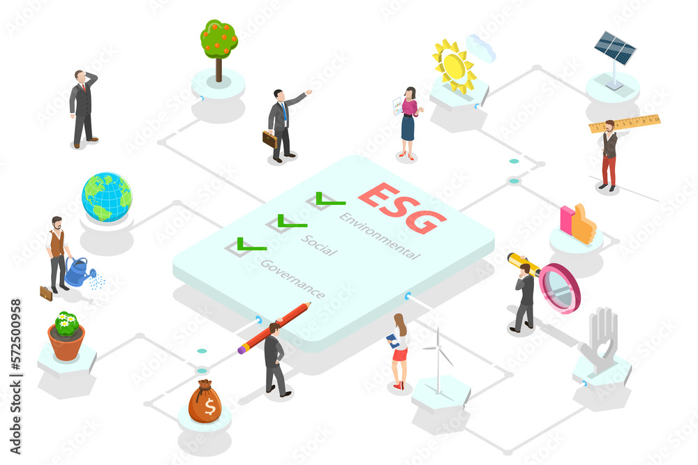 3D Isometric Flat  Conceptual Illustration of ESG as Environmental, Social and Corporate