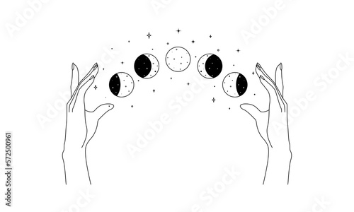 Magic hands with moon phases in trendy linear style. Logo and icons design template for cosmetics and packaging branding name. Doodle vector illustration
