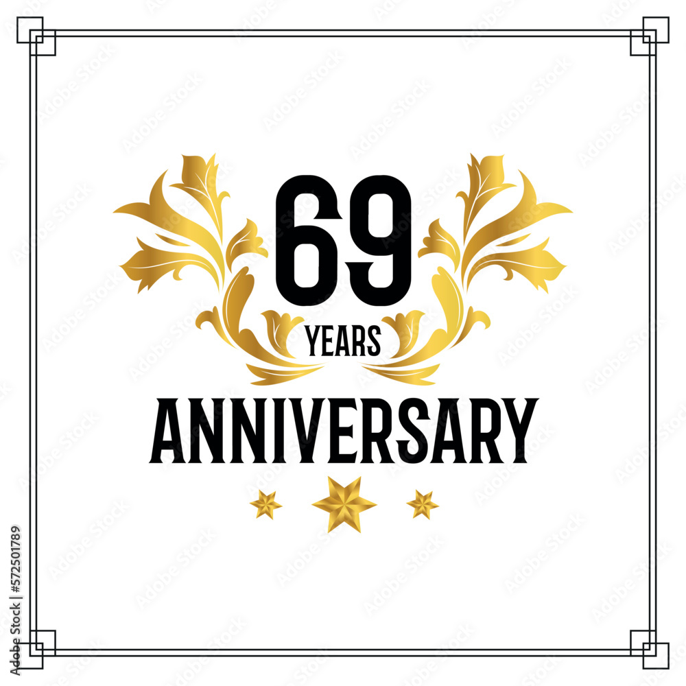 Vector 69th anniversary logo  luxurious golden and black color vector design celebration