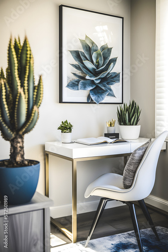 home office interior concept design features a beautiful natural plant that creates a soothing and calming atmosphere. With neutral colors, and large windows, this modern and minimalist Generative AI © aprilian