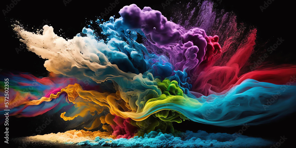 Bright Multicolor Rainbow Holi Paint Color Powder Explosion on Black Background, Generative AI